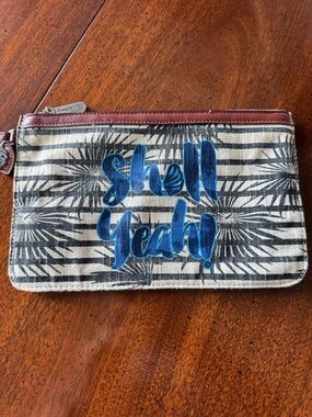 Tommy Bahama Graphic Wristlet Pouch with Blue "Shell Yeah" Text